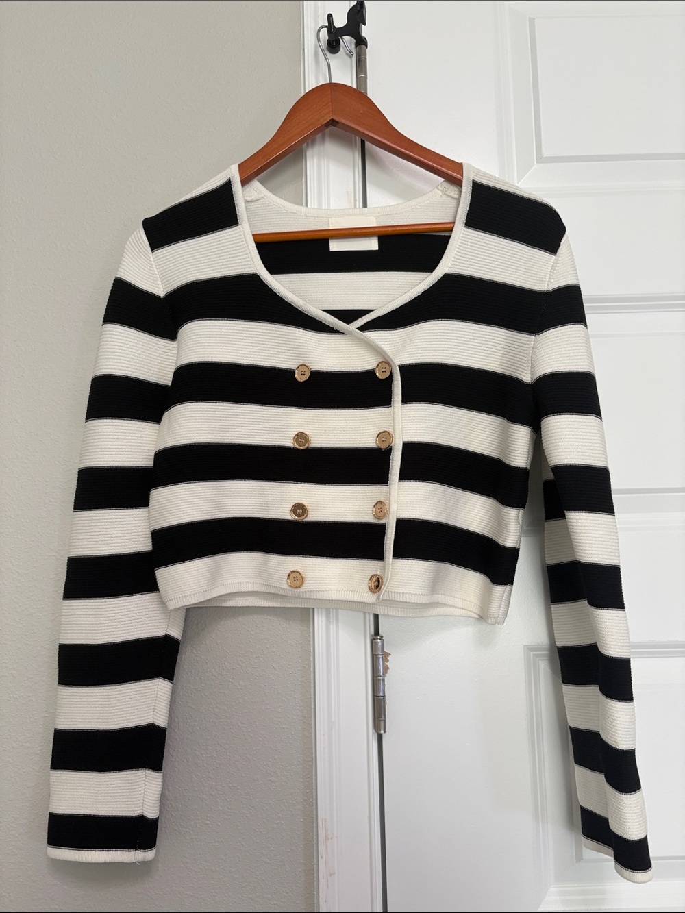 Black & White Striped Cropped Button Cardigan Jacket